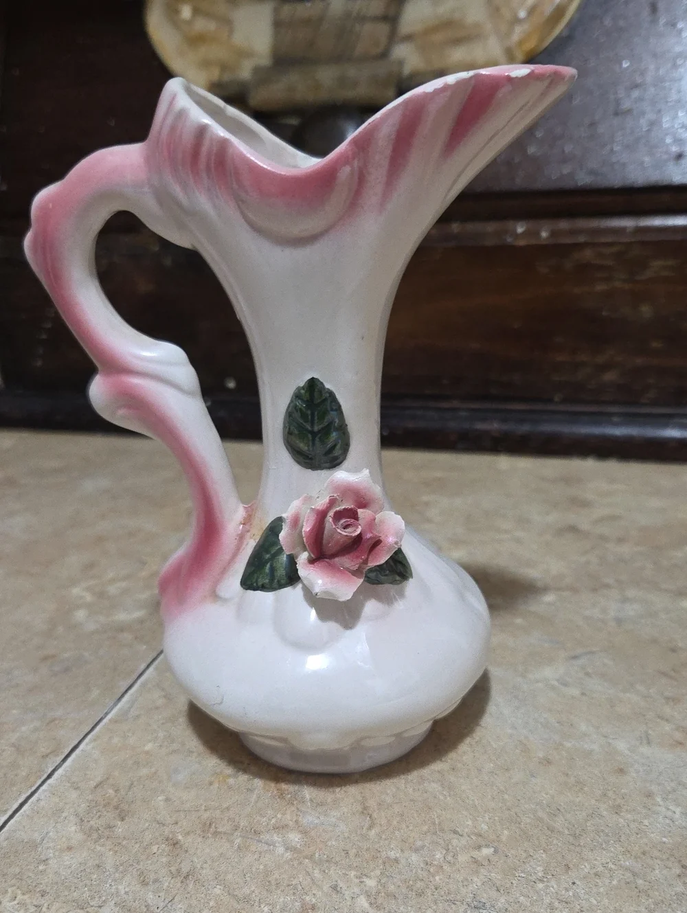 Vintage Pink and White Ceramic Bud Vase with Rose Accent